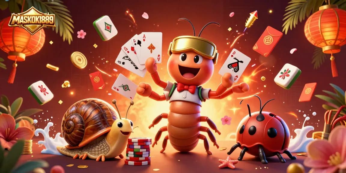 Experience gaming excitement with MASKOKI889 as colorful characters celebrate wins at a casino.