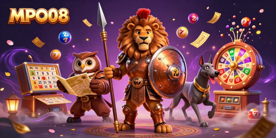 MPO08 showcases a colorful casino scene with a Spartan lion, owl, and greyhound among dynamic slot game elements.