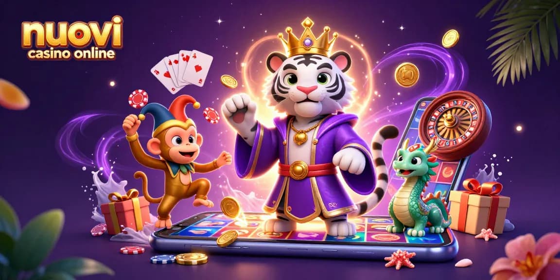 Illustrazione 3D di nuovi casino online con un elegante tigre bianca e un monkey giocoliere tra elementi di gioco.