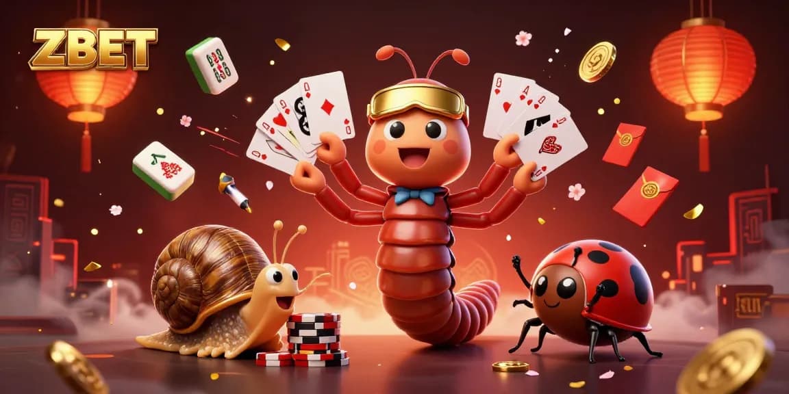 ZBET showcases an exciting casino scene with a millipede dealer and vibrant gaming elements