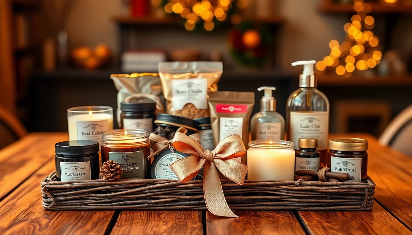 Präsentieren Sie ein Geschenkset mit handgefertigten Produkten auf einem rustikalen Tisch.