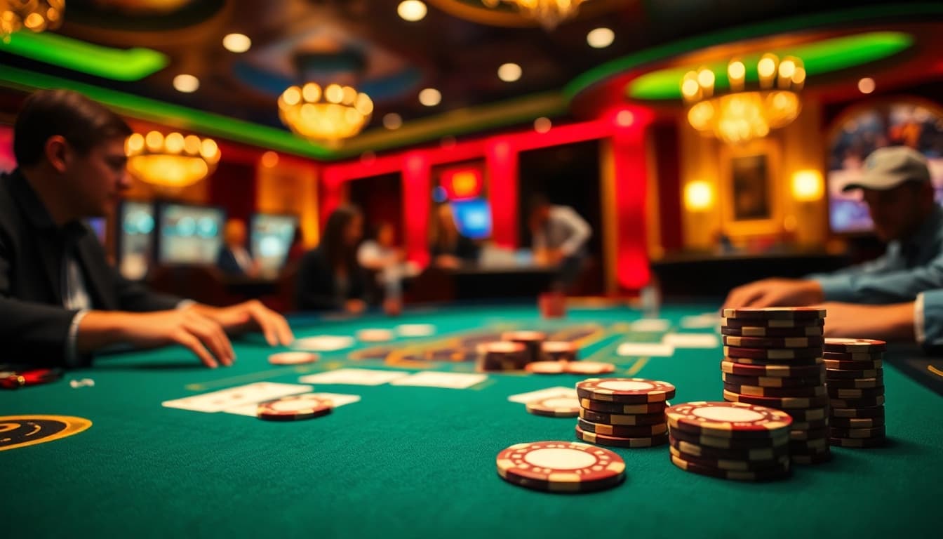 Daftar menarik di papa288 dengan suasana kasino yang elegan dan pemain poker terlibat.