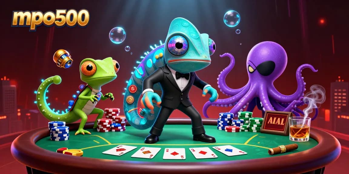Play poker with mpo500 in an energetic scene featuring a Bond-style chameleon and gadgets.