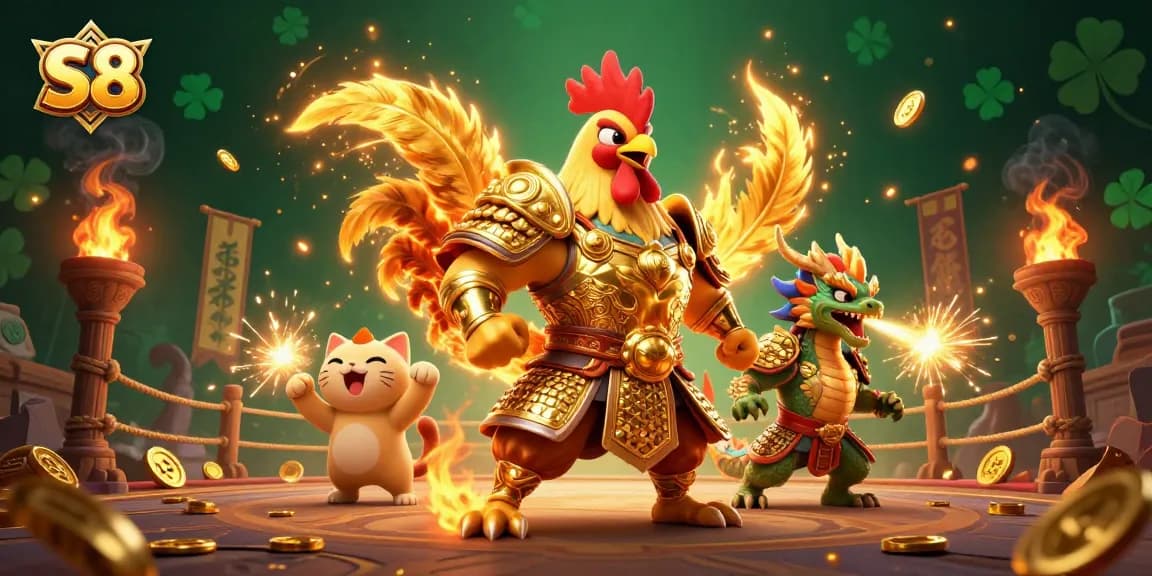 S8 features a lively scene with a samurai rooster warrior and dragon hatchling in a casino atmosphere.