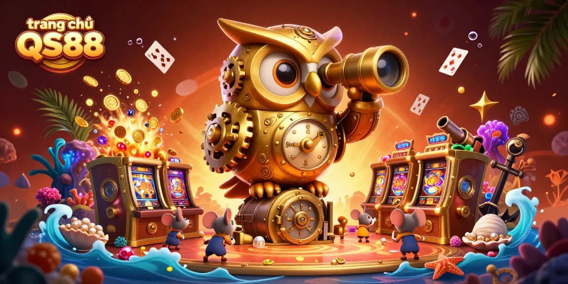 Experience the vibrant gameplay of trang chủ QS88 with a rich casino scene featuring an animated clockwork owl and playful elements.