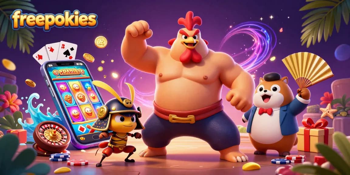 A colorful illustration featuring freepokies with a powerful sumo rooster, fighting cricket, and tanuki announcer surrounded by casino elements.