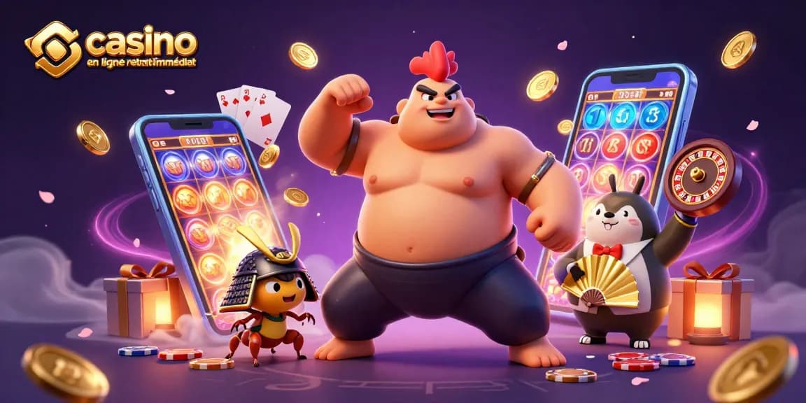Vivez l'expérience du casino en ligne retrait immédiat avec un combat unique entre un coq sumo et un criquet samouraï!