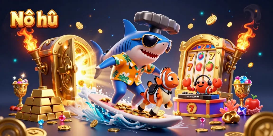 Nổ hũ slot machine action scene featuring playful characters and treasure elements