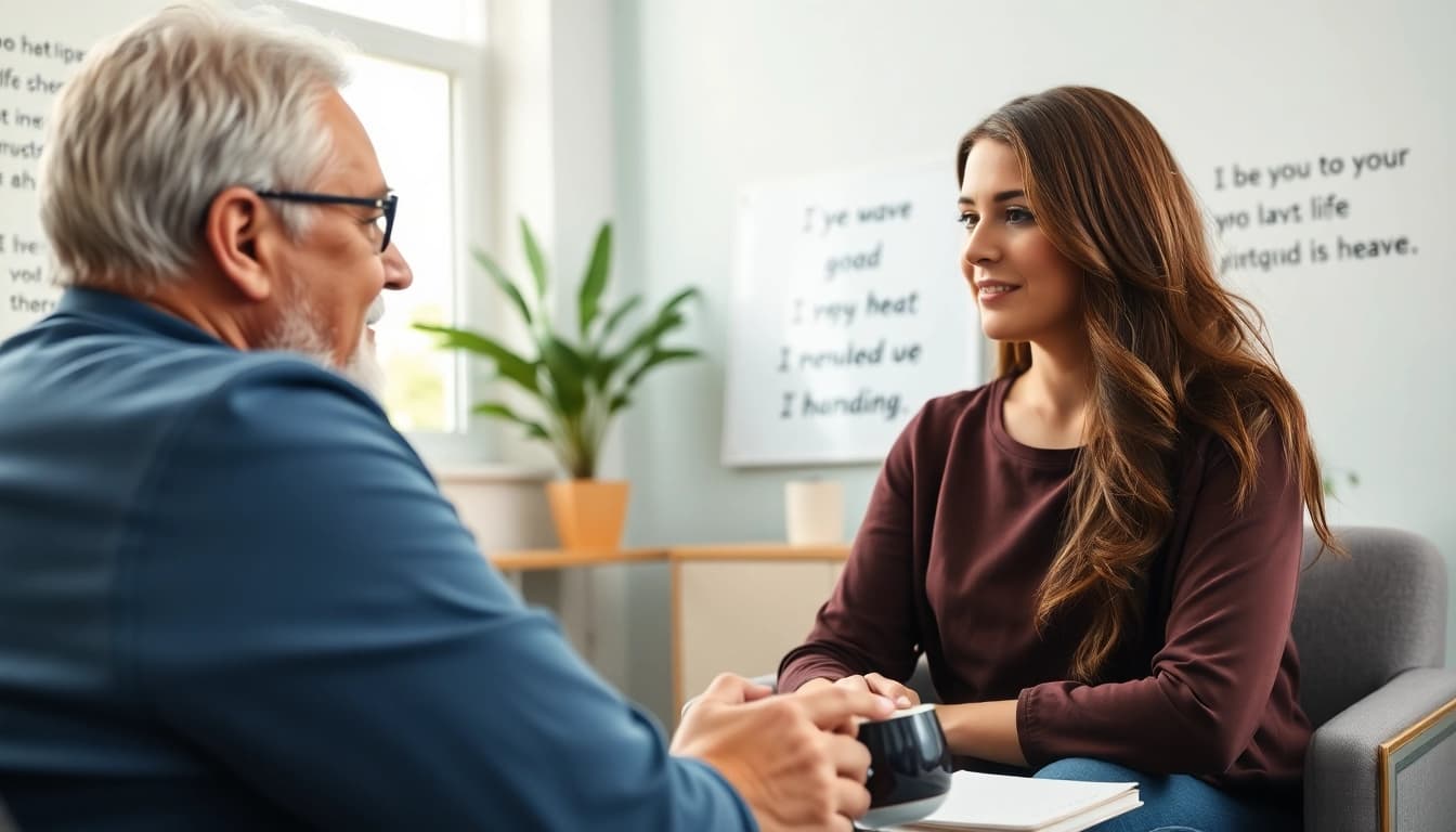 Life Coaching session between a professional coach and client in a serene office.