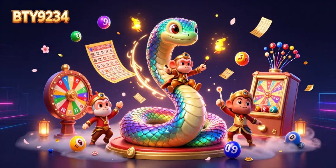 Experience the excitement of BTY9234 with a magical lottery scene featuring lively characters and vibrant game elements.
