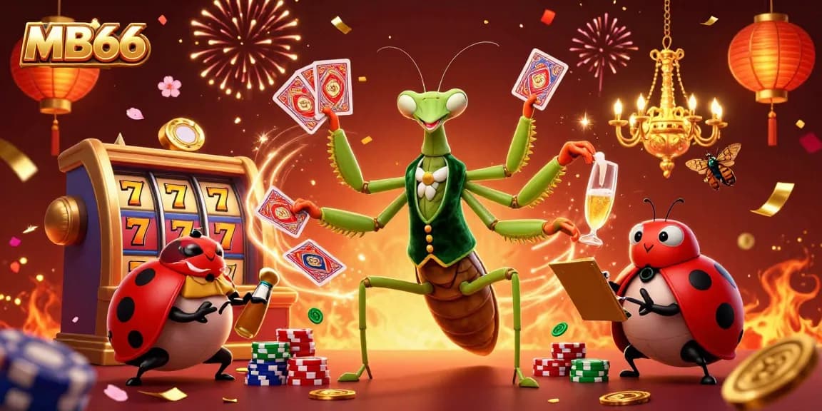 MB66 engages players with a vibrant 3D casino scene featuring a mantis card sharp and ladybug pit boss.