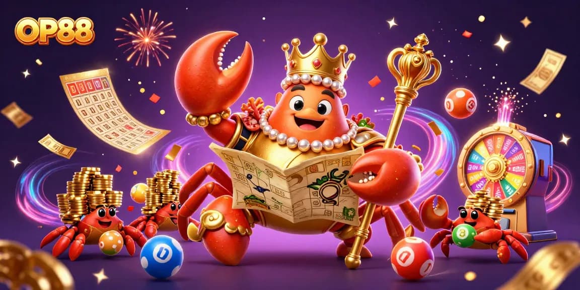 OP88 lottery emperor commands colorful balls and golden prizes while celebrating winnings.