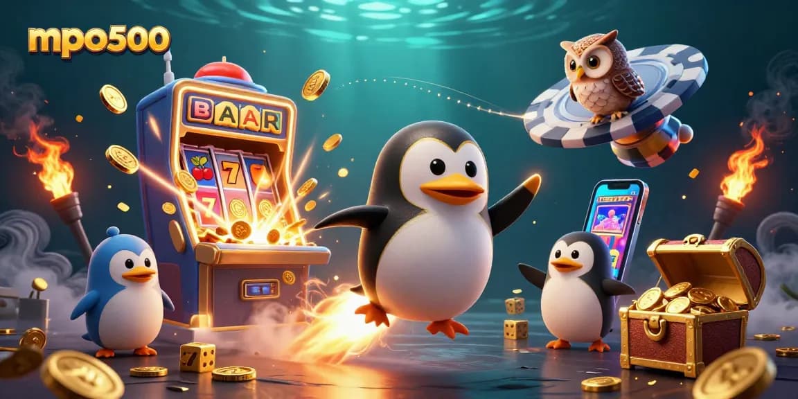 Experience the excitement of mpo500 slots with a golden penguin, jackpot explosions, and colorful casino games.