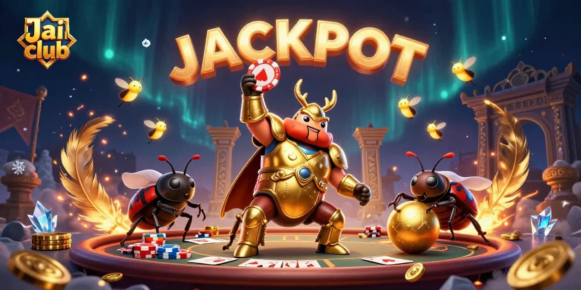 Experience the thrill of Jai club poker action with a victorious beetle champion and glowing jackpot!