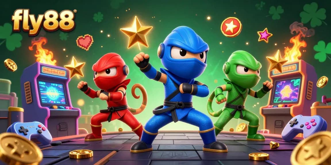 fly88 showcases a vibrant online casino scene with cartoon ninja chameleons embodying thrilling gaming action.