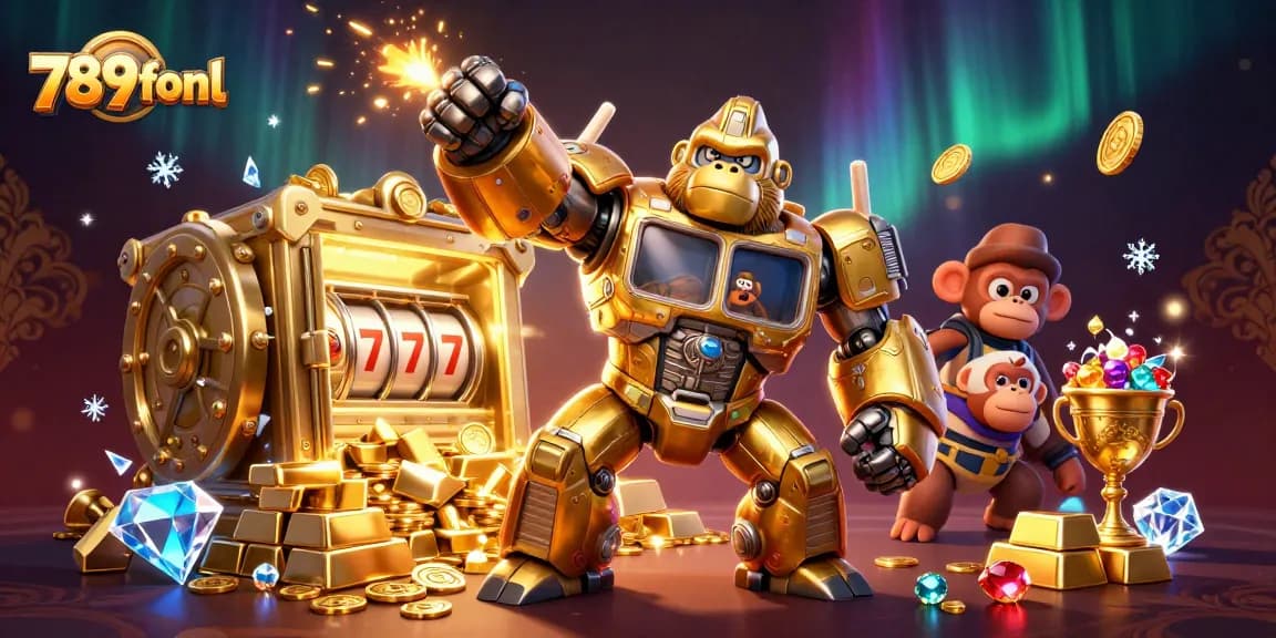 Experience thrilling wins with 789fonl, featuring a dynamic golden gorilla mech in a vibrant casino setting.