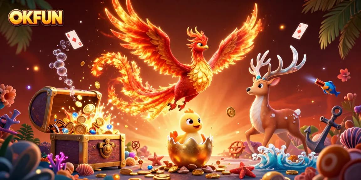 Play games at OKFUN with a vibrant phoenix scene filled with casino elements and treasure.