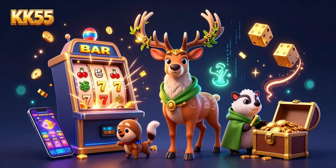 Experience the vibrant world of KK55 with dynamic casino elements and enchanting characters
