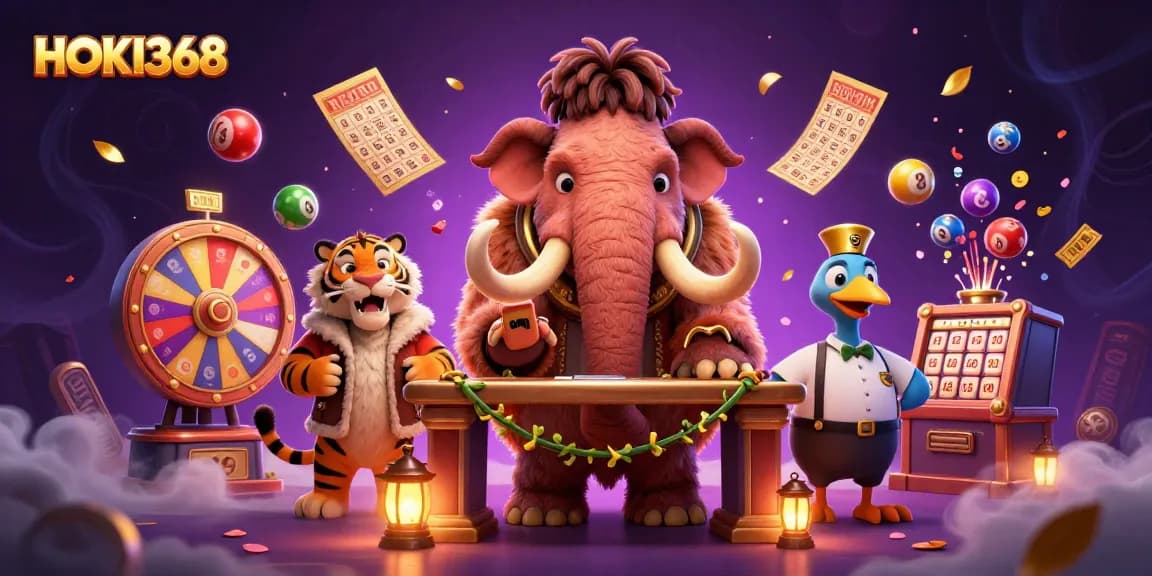 Experience HOKI368 excitement with a vibrant 3D casino scene featuring unique animal characters.