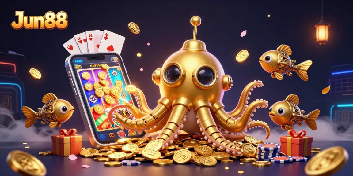 Immerse in Jun88's thrilling gaming realm, featuring a golden kraken and mechanical fish amidst a vibrant casino atmosphere.