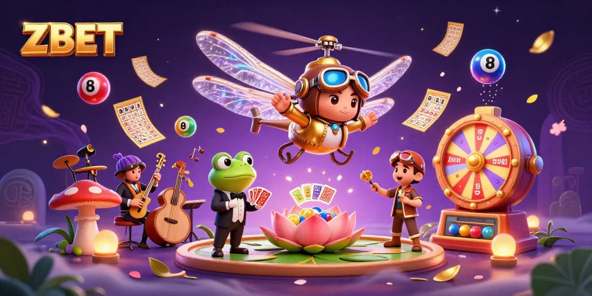 ZBET brings excitement as a dragonfly pilot hovers over a lily pad casino with a frog croupier.
