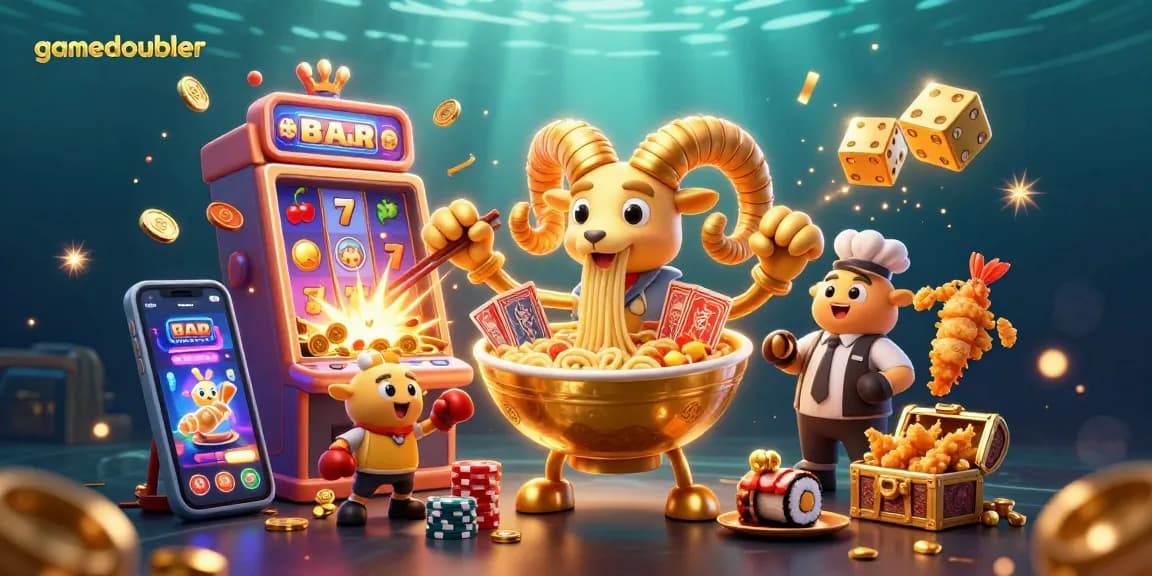 Experience thrilling gaming at gamedoubler with vibrant illustrations of characters and casino elements.