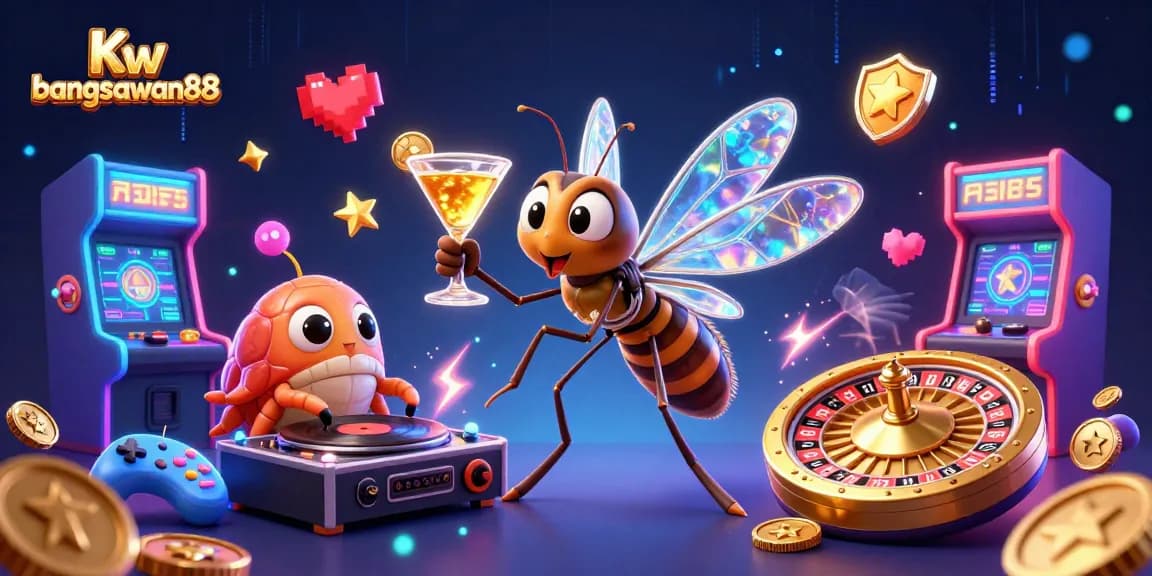 Experience the thrill of Kw bangsawan88 with a lively casino scene featuring an amber mascot and gaming elements.
