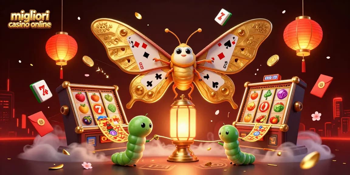 Illustrazione per i migliori casino online con farfalla 3D e simboli di gioco