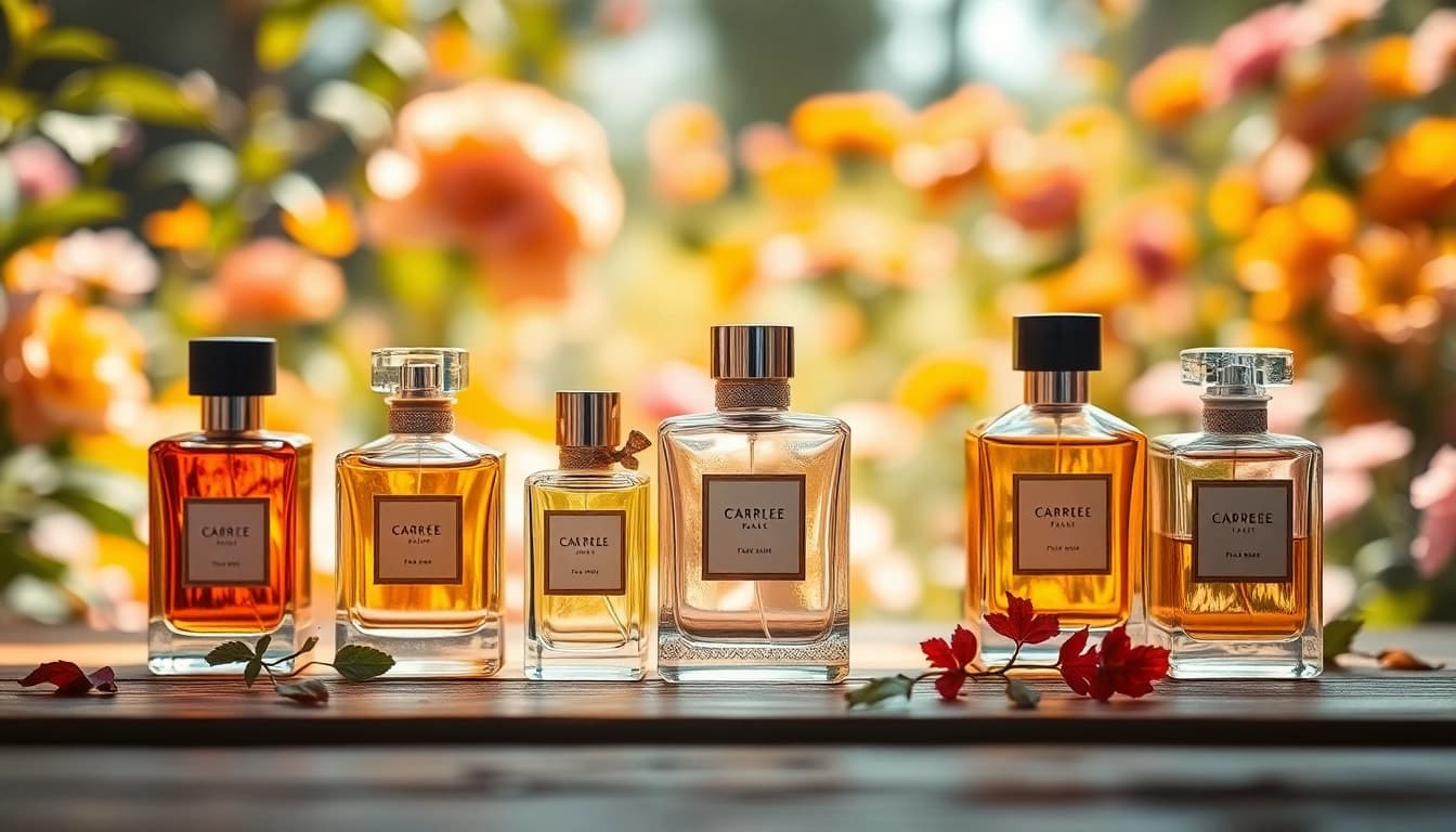 Experience seasonal fragrances presented in elegant bottles set against a sunlit garden backdrop.