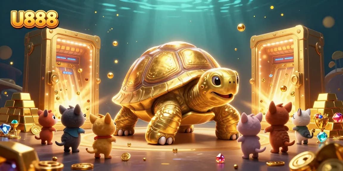 Experience the excitement of U888 at this vibrant 3D casino scene featuring a colossal tortoise pinball machine.