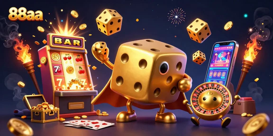 88aa players enjoying a vibrant, action-packed game scene with golden dice and casino elements.