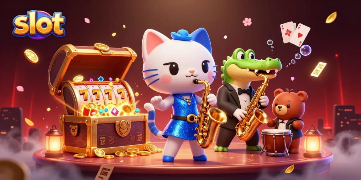 Experience the thrill of slot gaming in this vibrant illustration featuring cats and instruments.