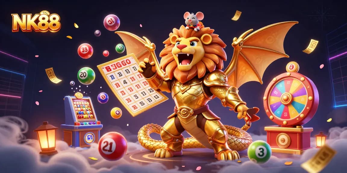 Play exciting games at NK88 with a dynamic scene of a chimera and lottery elements.