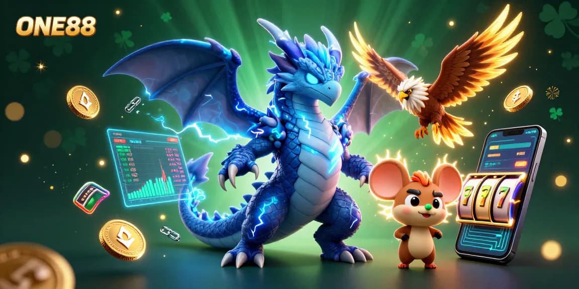 ONE88's vibrant 3D illustration showcases a thunder dragon, hawk, and cryptocurrency elements emphasizing thrilling gameplay.