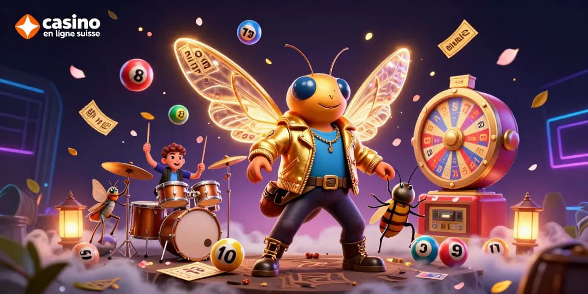 Image vibrante d'un casino en ligne suisse avec une rock star et des éléments de jeu dynamique.