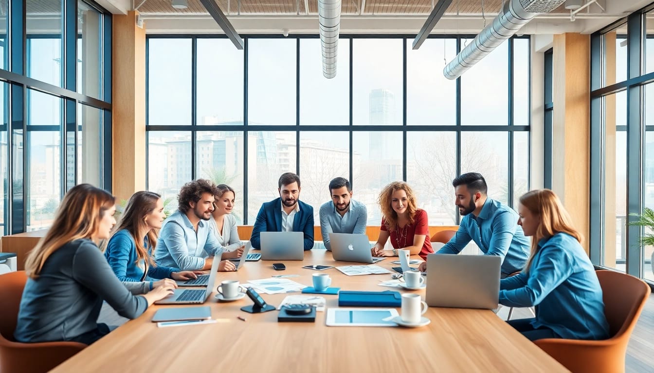 Staffing agencies facilitating collaboration among professionals in a modern office.