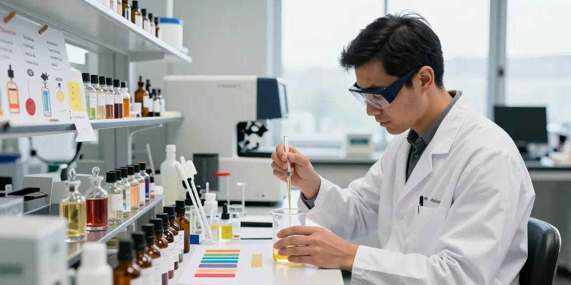 Fragrance Beads Manufacturer blending oils in a modern lab, capturing innovation in scent development.