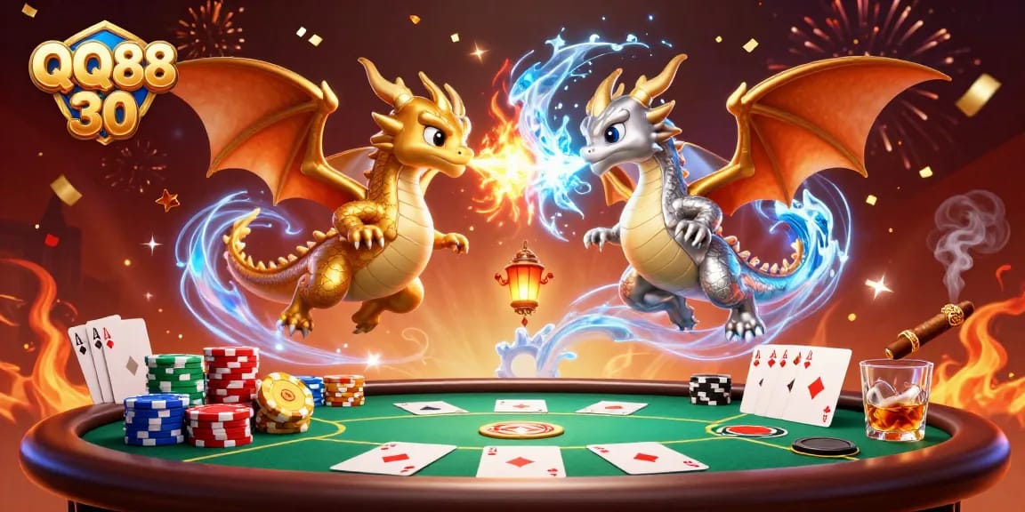 Join the thrilling adventure at QQ88 30 with fiery dragons amidst a vibrant poker scene!
