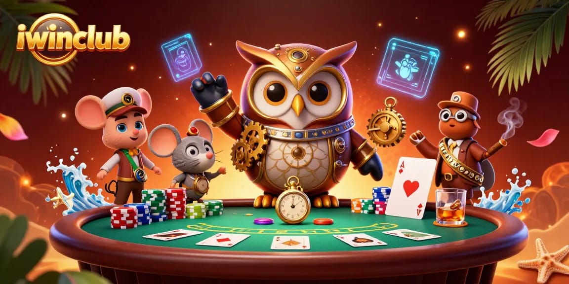 Join iwinclub's thrilling poker game with unique characters and vibrant casino elements.