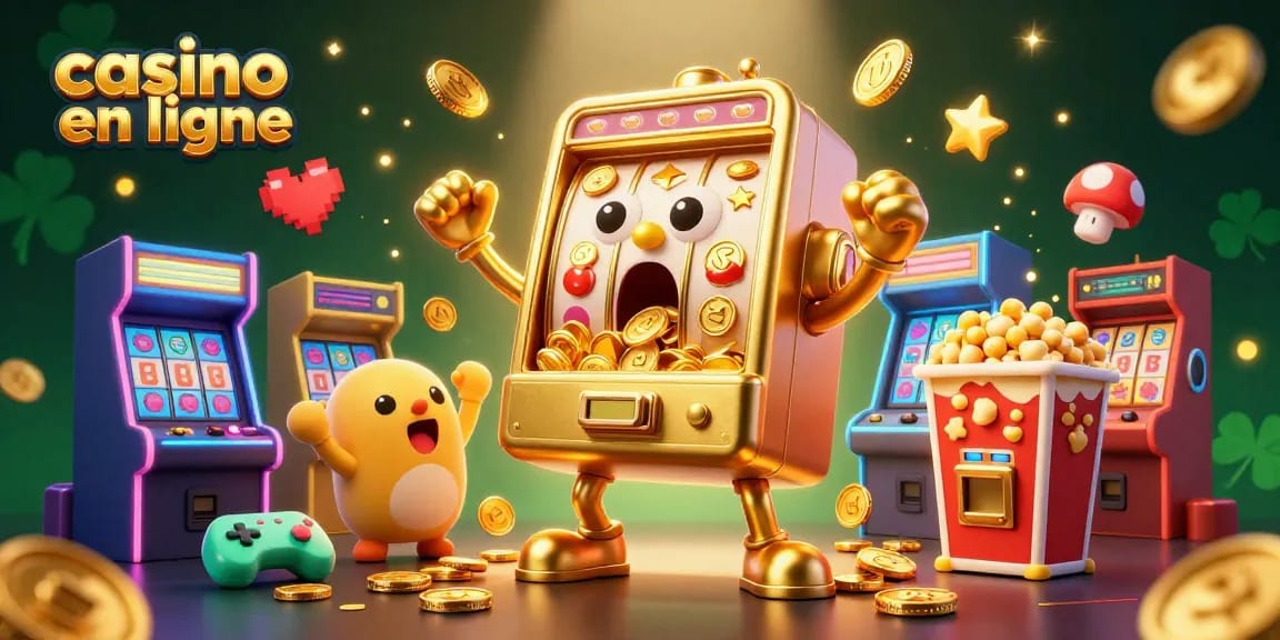 Jackpot captivant de casino en ligne illustré par une machine à sous dorée surprise, avec des machines émettant des pièces.