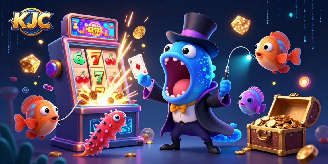 KJC showcases a bioluminescent gulper eel casting spells of fortune amidst casino excitement.