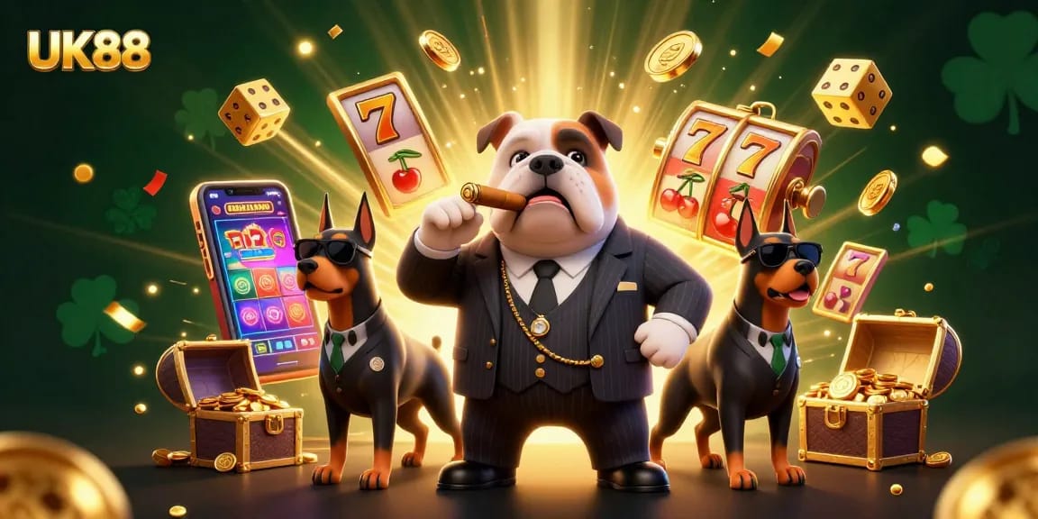 UK88 showcases a vibrant 3D casino illustration featuring a mafia bulldog, massive slot machine, and sparkling treasures.