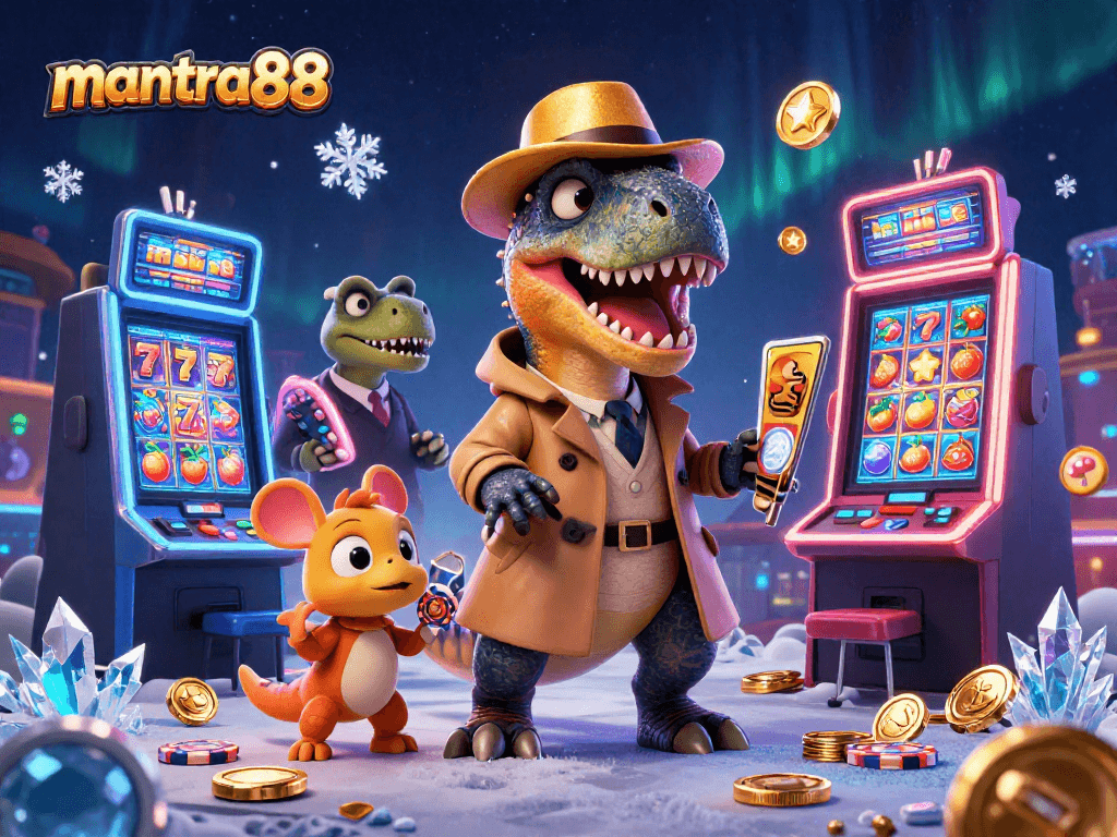 Engage with mantra88's thrilling slots as a velociraptor plays amidst vibrant gaming elements.