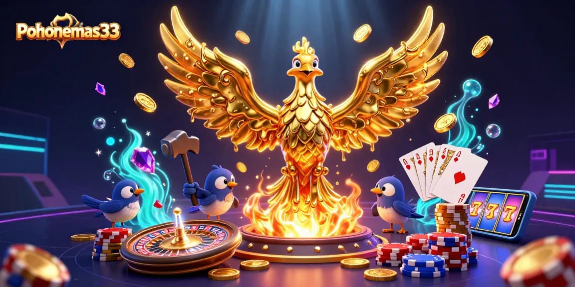 Pohonemas33 showcases a dynamic scene with a molten golden phoenix and sparrow assistants amidst casino elements like coins and cards.