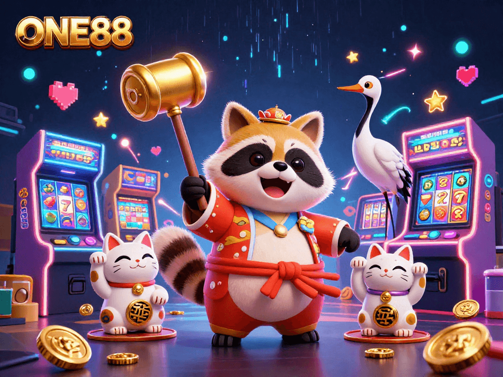 Experience slot gaming excitement with ONE88 featuring playful tanuki and lucky symbols.