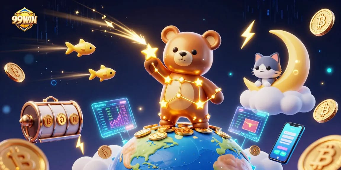 Engage with exciting 99WIN online gaming as constellation bear scoops up coins amid crypto elements.