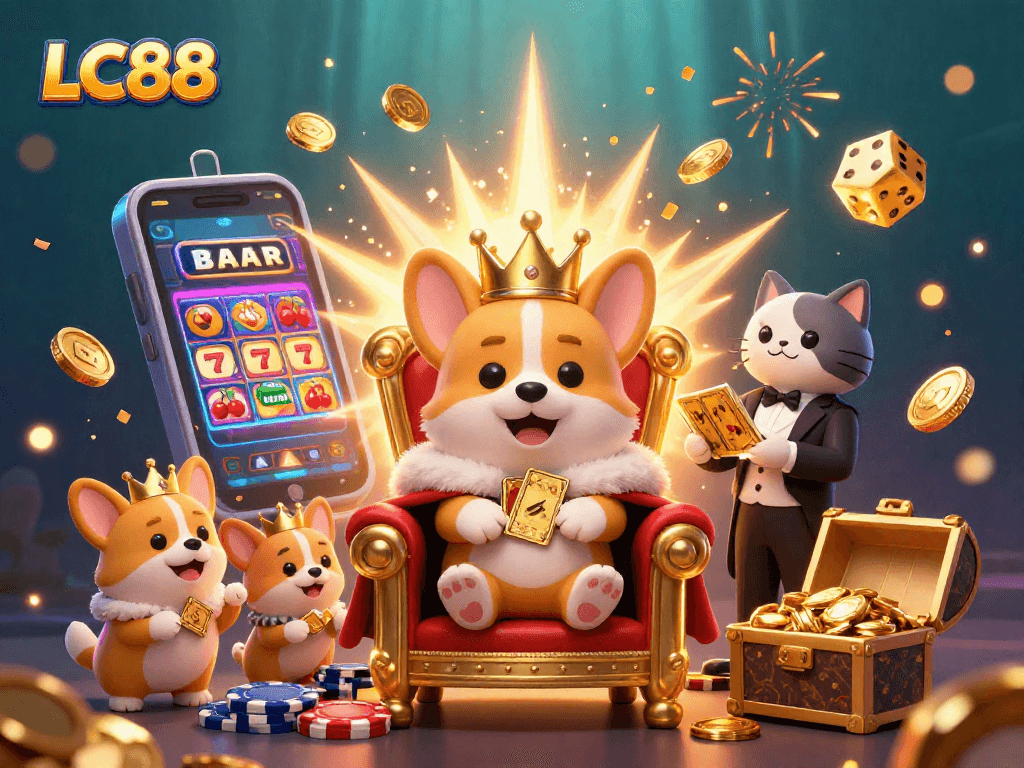 Experience the vibrant LC88 online casino with a royal corgi amidst a jackpot explosion.