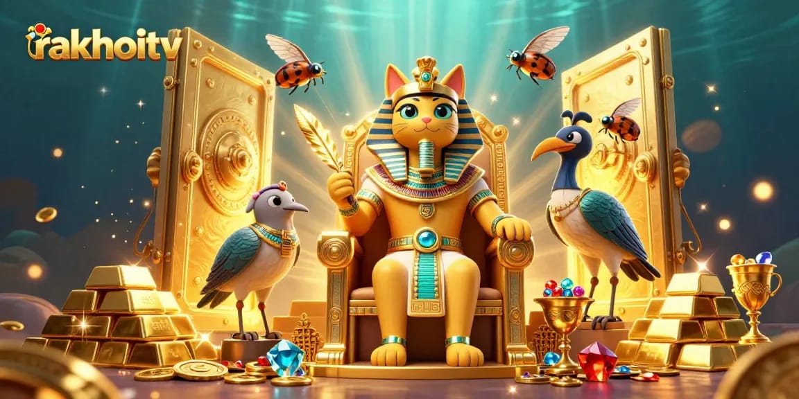 Experience the excitement of rakhoitv with a captivating 3D illustration of an Egyptian pharaoh cat and treasure.