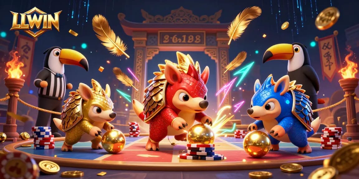 Watch the exciting LLWIN pangolin champions compete in a vibrant casino scene filled with golden elements.