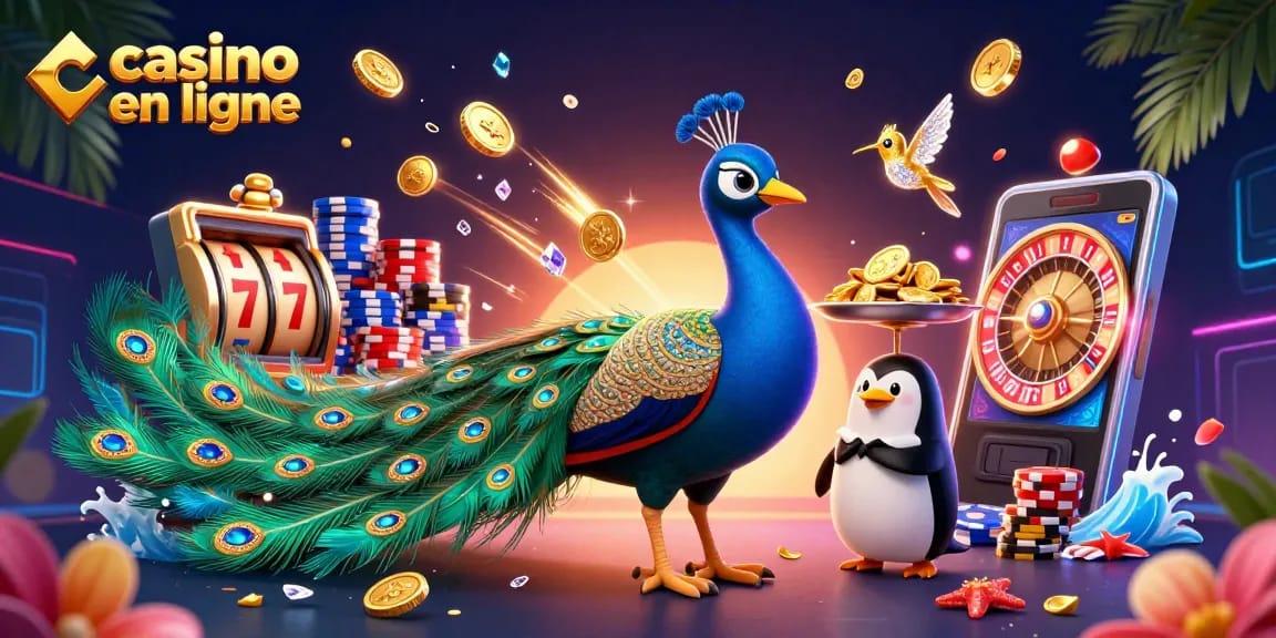 Visitez le monde du casino en ligne avec un paon aristocratique, un pingouin serveur et un colibri, entourés de jetons d'or et de pièces.